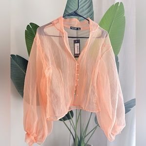 Nastygal / Pink Organza Blouse Top / Never Worn / Bell Sleeves / Button Details